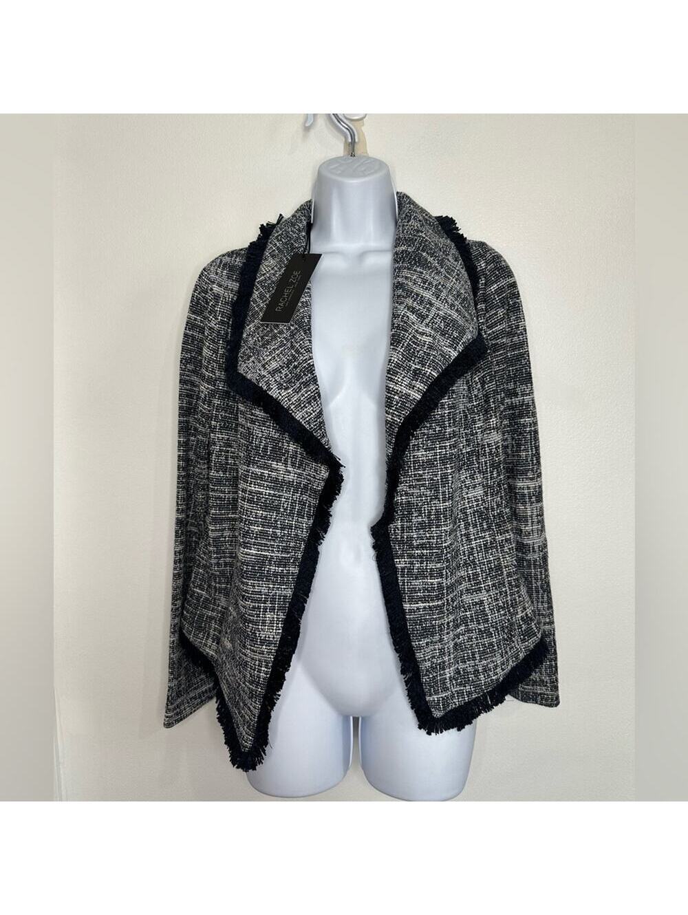 Rachel Zoe Tweed Fringe Jacket Black White Open Front Blazer Boucle Coat, XS - Picture 3 of 8